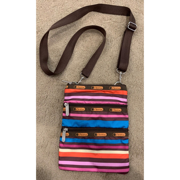 LeSportsac Triple Zip Small Multi-Colored Stripes Crossbody Shoulder Bag - Picture 2 of 4